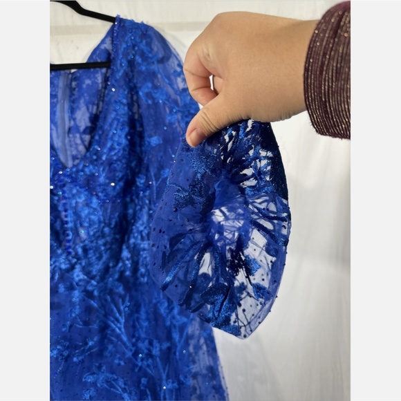NWT $798 Mac Duggal [ 16 ] V Neck Mesh Puff Sleeve A Line Embellished Dress Blue - Picture 12 of 16